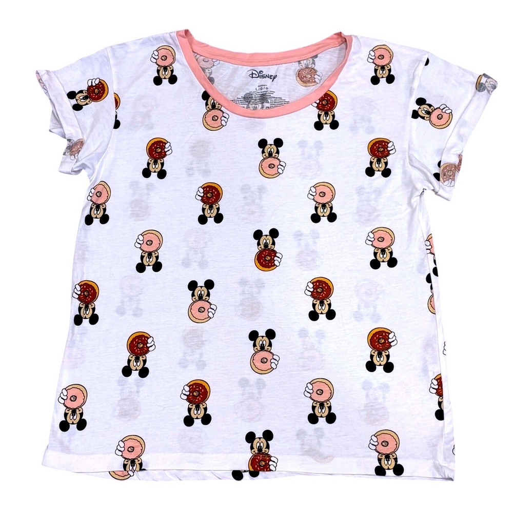 Disney T-Shirt Girls Large White Mickey Mouse Donut Print Short Sleeve Tee